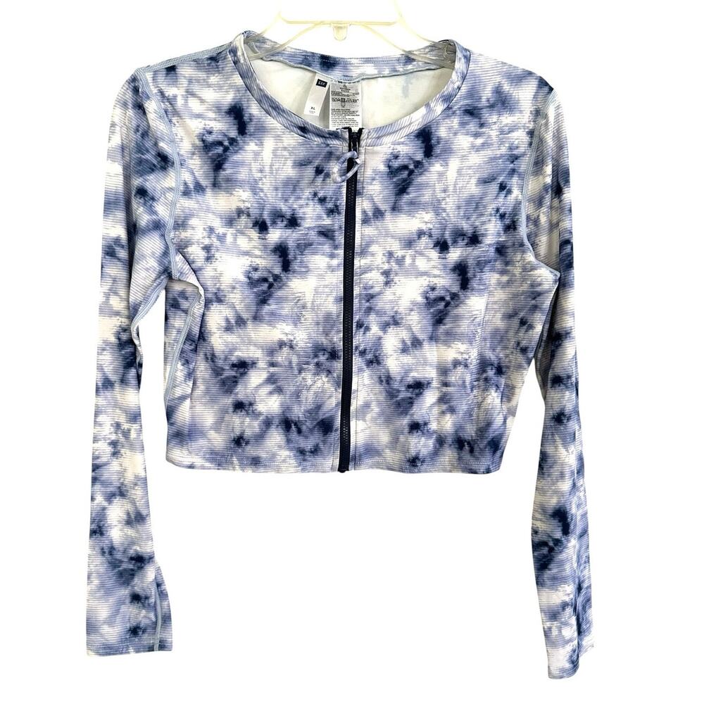 Gap crop top features a blue and white tie-dye pattern front zipper size XL